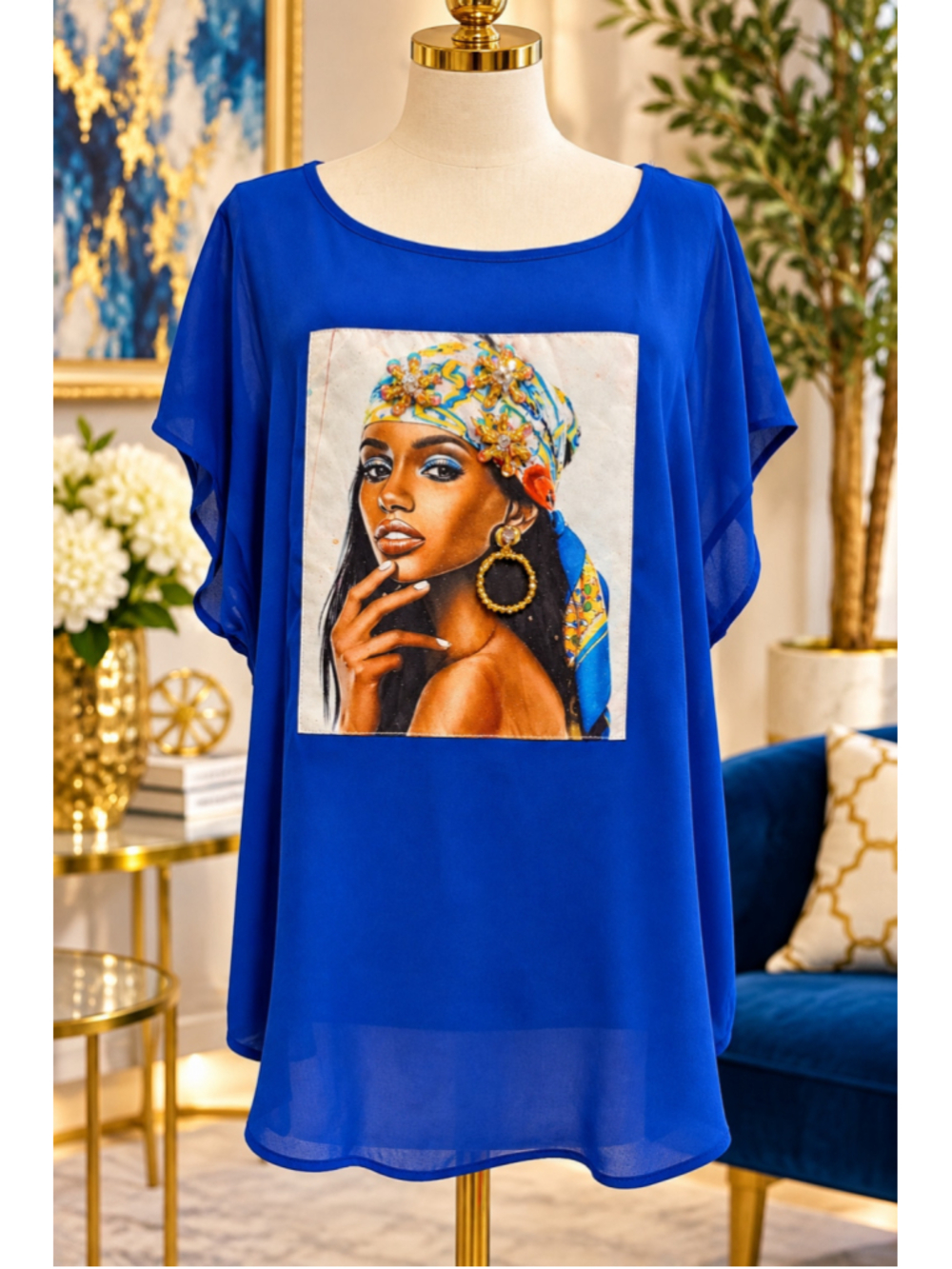Love J Royal Blue Embellished Portrait Tunic Blouse Art Graphic Plus Size 2XBeau